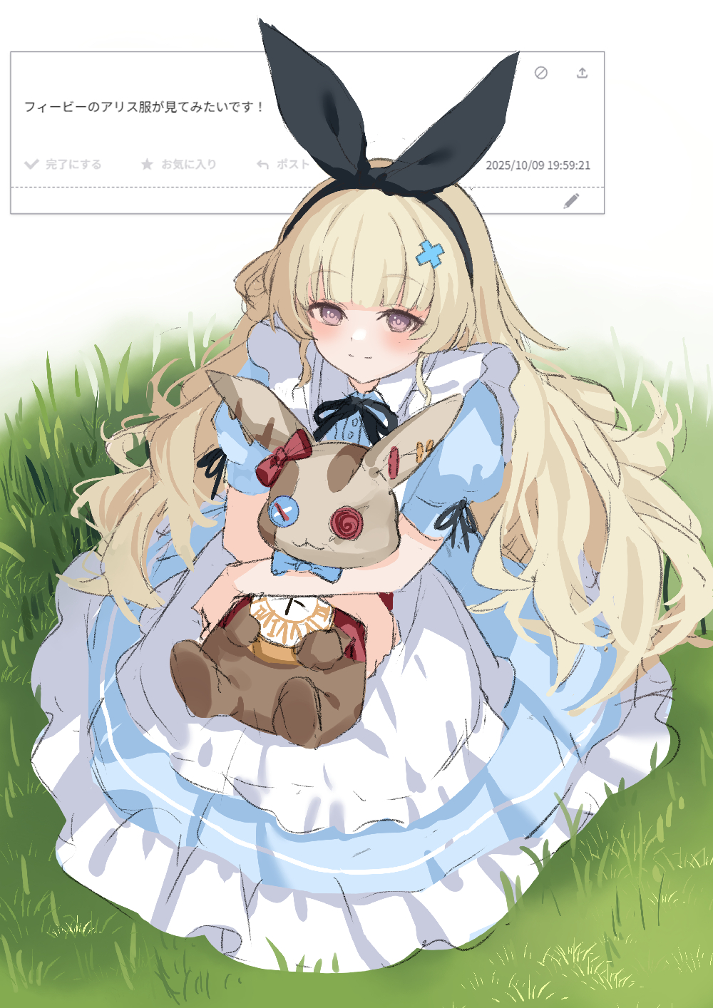 kuramoto beta-carotene, alice (alice in wonderland), phoebe (wuthering waves), alice's adventures in wonderland, odaibako, wuthering waves, commentary request, highres, translation request, 1girl, alice (alice in wonderland) (cosplay), apron, black hairband, black ribbon, blonde hair, blue dress, blush, closed mouth, cosplay, dress, hair ornament, hair ribbon, hairband, holding, holding stuffed toy, long dress, long hair, looking at viewer, lottie lost (wuthering waves), on grass, purple eyes, ribbon, short sleeves, sitting, smile, split mouth, stuffed toy, tacet discord (wuthering waves), very long hair, x hair ornament