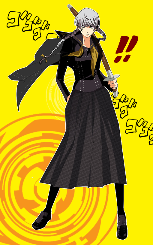 shima shimako, narukami yu, atlus, persona, persona 4, gender request, !, !!, 1boy, banchou, crossdressing, crossdressing (mtf), delinquent, genderswap, jacket, jacket on shoulders, male focus, pantyhose, shinai, solo, sukeban, sword, weapon