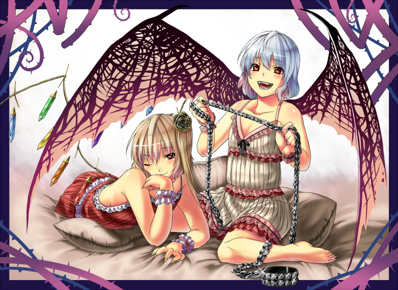 inuzuka bouru, flandre scarlet, remilia scarlet, touhou, bad id, bad pixiv id, 2girls, barefoot, chain, chain leash, fangs, female focus, leash, lingerie, multiple girls, negligee, one eye closed, siblings, sisters, smile, underwear, wings, wink