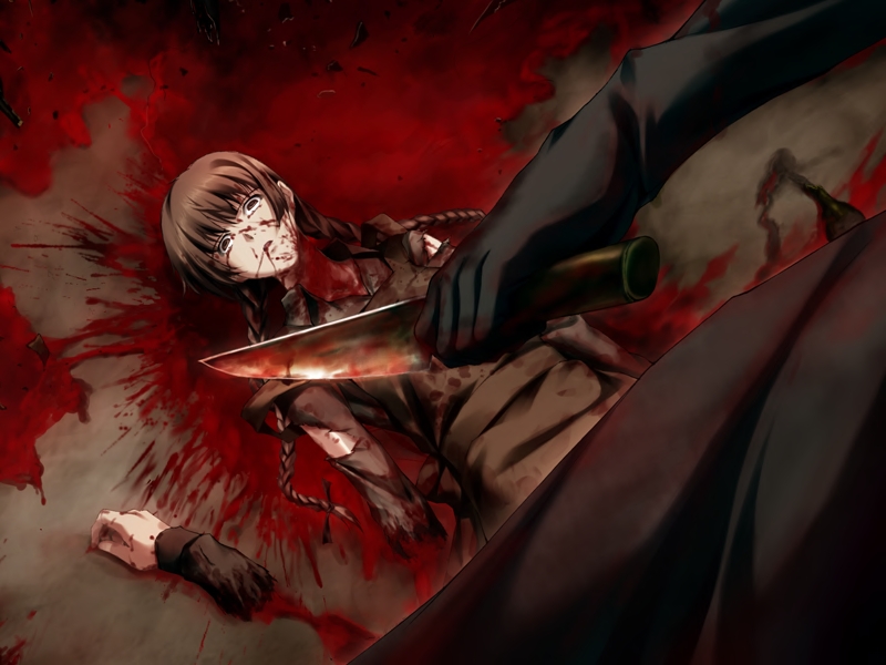 sugina miki, innocent grey, pianissimo (game), pp: pianissimo, game cg, 1boy, 1girl, amputee, bleeding, blood, braid, brown hair, death, dutch angle, empty eyes, ero guro, from above, gloves, guro, hime cut, injury, knife, long hair, lying, murder, on back, open mouth, torn clothes, twin braids