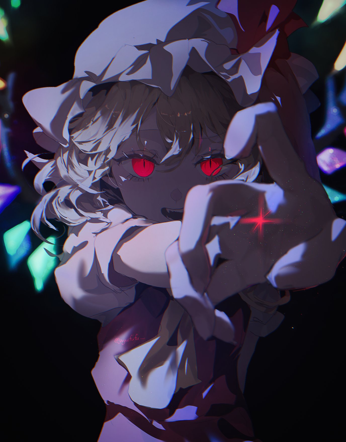 yuyufufu, flandre scarlet, touhou, highres, 1girl, ascot, blonde hair, blush, bow, crystal, hat, long hair, looking at viewer, mob cap, open mouth, puffy short sleeves, puffy sleeves, red eyes, red vest, ribbon, shirt, short hair, short sleeves, side ponytail, skirt, smile, solo, vest, wings