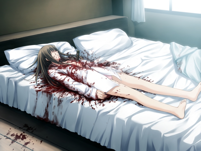 sugina miki, shirakawa ayane, innocent grey, pianissimo, pianissimo (game), pp: pianissimo, game cg, 1girl, barefoot, bed, bleeding, blood, brown hair, curtains, death, dress shirt, dutch angle, ero guro, faceless, facing away, feet, female focus, flat chest, guro, indoors, injury, knife, legs, long hair, lying, murder, no bra, no pants, on back, open clothes, open shirt, panties, pantyshot, pillow, pink panties, shirt, soles, solo, toes, underwear, weapon, window