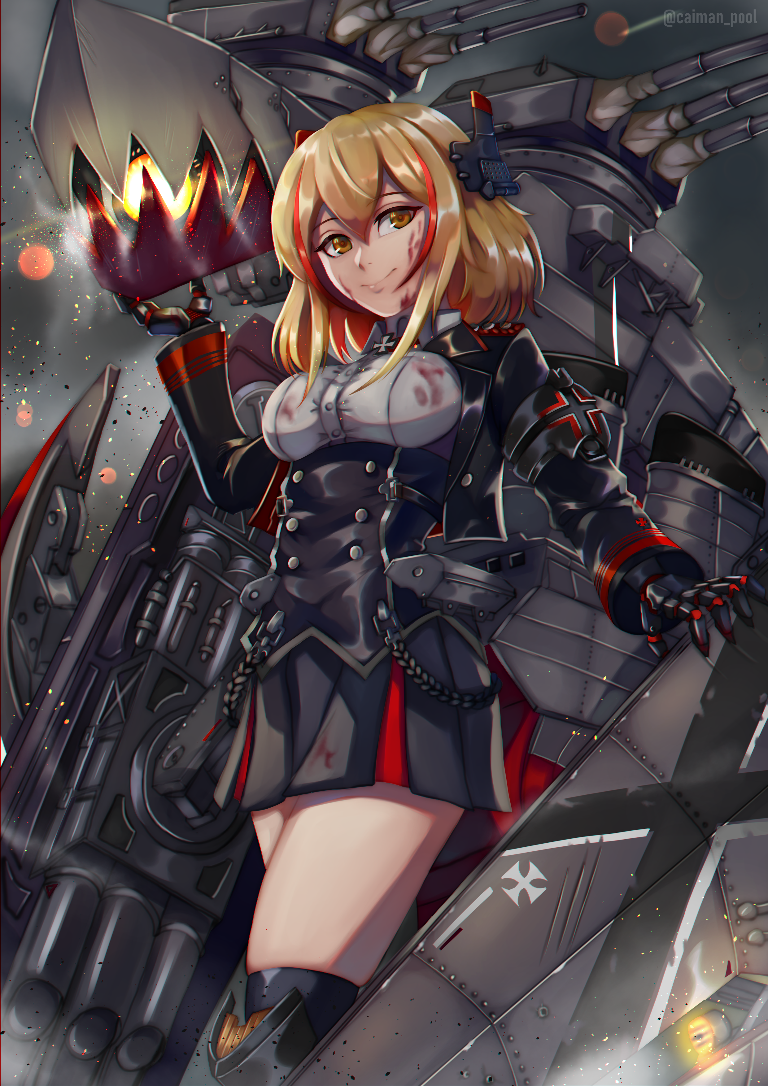 caiman pool, roon (azur lane), azur lane, absurdres, commentary request, highres, 1girl, armband, artist name, black armband, black jacket, black skirt, blonde hair, blood, blood on clothes, blood on face, breasts, brown eyes, buttons, cropped jacket, double-breasted, framed breasts, hair between eyes, headgear, jacket, large breasts, long sleeves, mechanical hands, miniskirt, multicolored hair, open clothes, open jacket, pleated skirt, red streaks, robot, shirt, short hair, skirt, solo, streaked hair, taut clothes, taut shirt, thighhighs, two-tone hair, zettai ryouiki