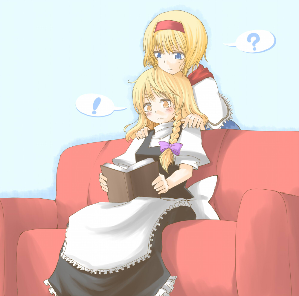hane (hanegoya), alice margatroid, kirisame marisa, touhou, !, 2girls, ?, blonde hair, blue eyes, blush, book, braid, couch, female focus, hairband, multiple girls, open book, reading, red upholstery, yellow eyes