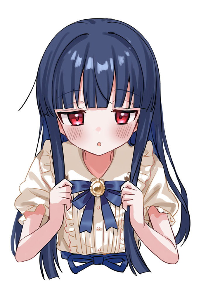 eluthel, sajo yukimi, idolmaster, idolmaster cinderella girls, commentary, symbol-only commentary, 1girl, blue hair, blunt bangs, blush, frills, long hair, looking at viewer, red eyes, shirt, simple background, solo, upper body, white background