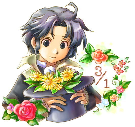 fuju, frederic chopin (trusty bell), trusty bell, 1boy, daisy (flower), flower, hat, holding, holding unworn clothes, holding unworn hat, male focus, orange flower, orange rose, red flower, red rose, rose, solo, top hat, unworn hat, unworn headwear