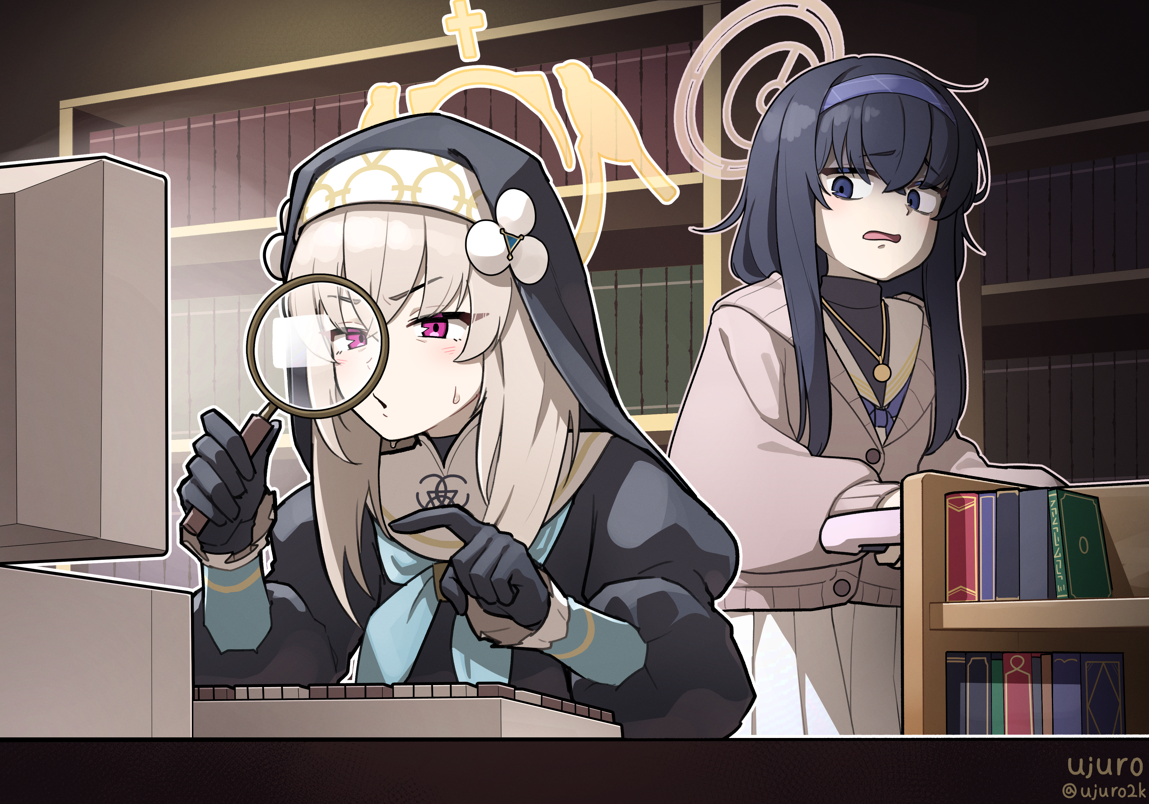 ujuro, sakurako (blue archive), ui (blue archive), blue archive, absurdres, commentary request, highres, korean commentary, 2girls, artist name, black gloves, black hair, black veil, book, bookshelf, brown cardigan, cardigan, computer keyboard, gloves, grey hair, hairband, halo, holding, holding magnifying glass, long hair, long sleeves, looking through magnifying glass, magnifying glass, monitor, multiple girls, neckerchief, pleated skirt, purple eyes, purple hairband, purple neckerchief, sailor collar, skirt, sweatdrop, trinity general school logo, twitter username, veil, white sailor collar, white skirt, yellow halo
