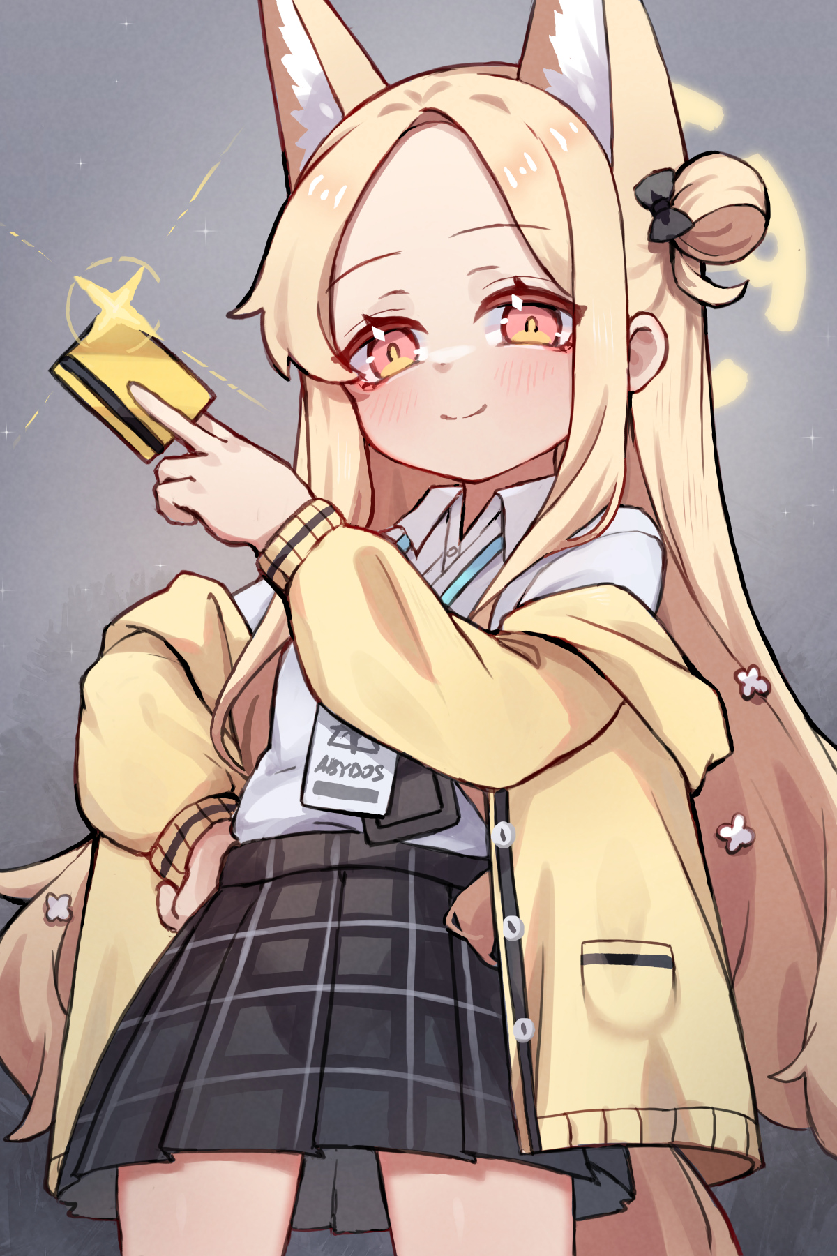 miya (miyaruta), nonomi (blue archive), seia (blue archive), blue archive, commentary, english commentary, highres, 1girl, animal ears, black skirt, blonde hair, closed mouth, cosplay, credit card, fox ears, halo, holding, jacket, long hair, nonomi (blue archive) (cosplay), shirt, skirt, smile, solo, white shirt, yellow halo, yellow jacket