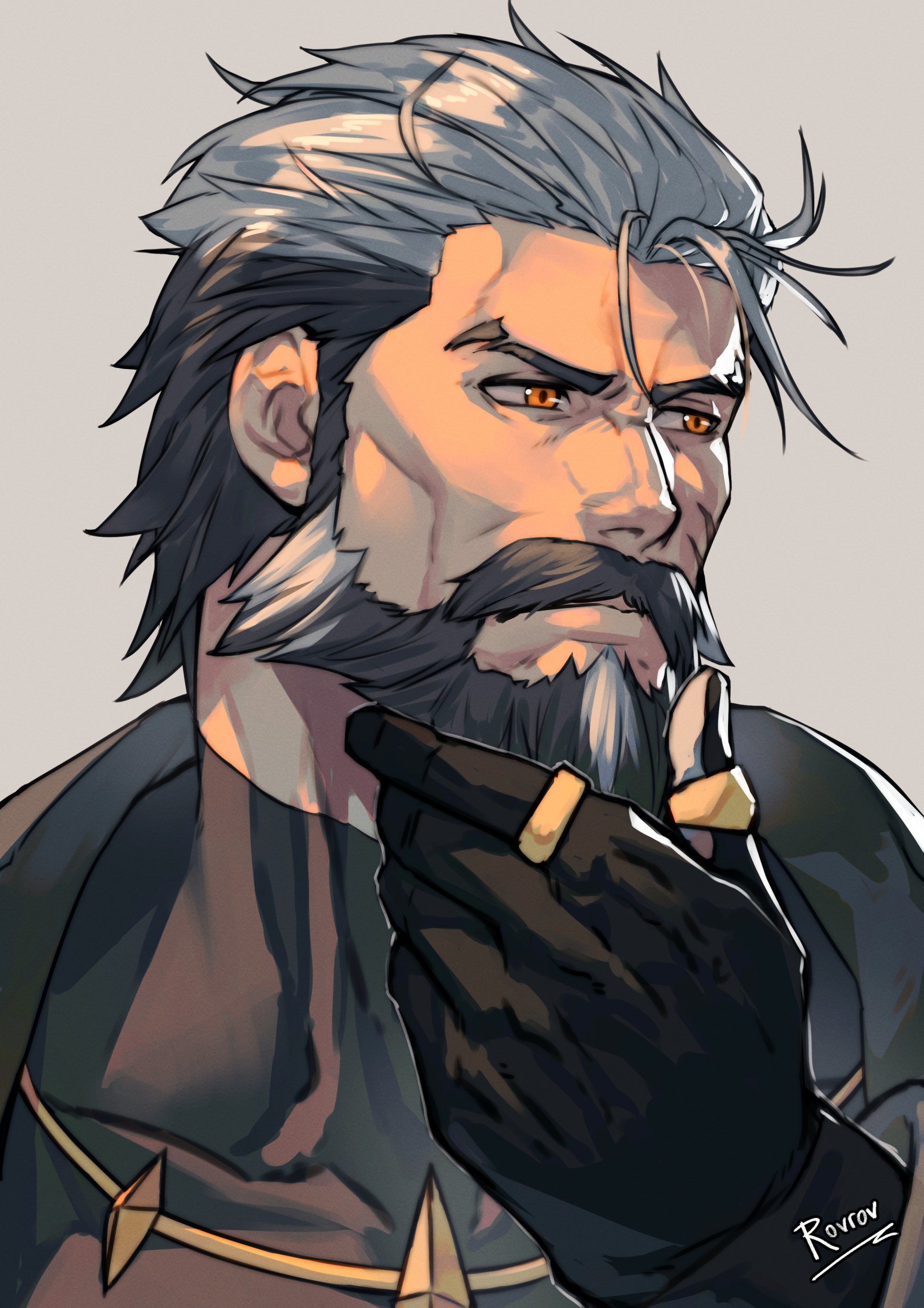 pompey (zenless zone zero), zenless zone zero, absurdres, highres, 1boy, artist name, beard, black beard, black gloves, black hair, closed mouth, collarbone, compression shirt, covered pectorals, facial hair, gloves, gold ring, grey background, grey beard, grey hair, hand on own chin, jewelry, leather, looking to the side, male focus, mature male, multicolored hair, multiple rings, muscular, muscular male, mustache, orange eyes, pectorals, ring, rovrov, short hair, solo, two-tone beard, white beard