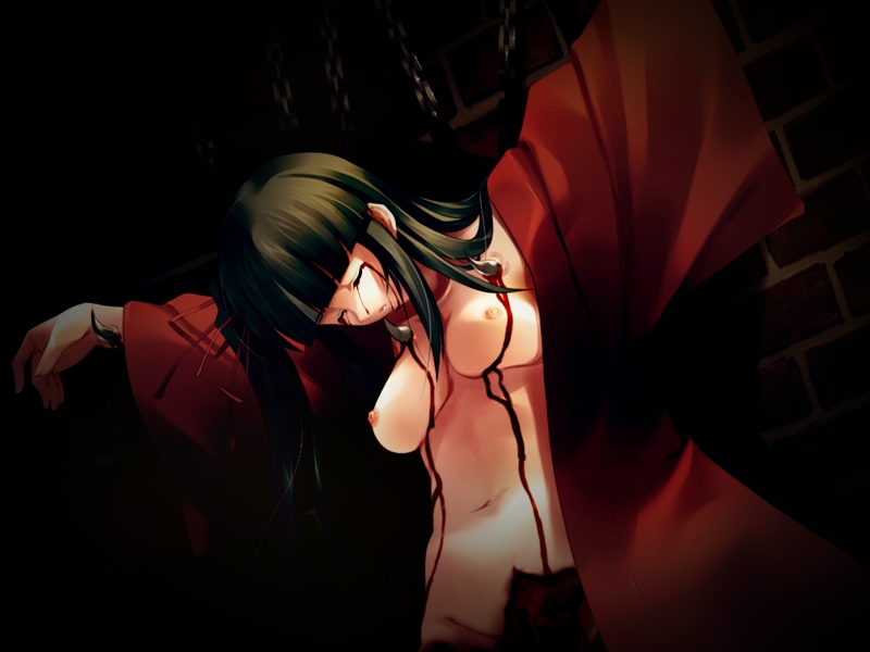 sugina miki, rin (cartagra), cartagra, innocent grey, 1girl, amputee, black hair, bleeding, blood, blunt bangs, breasts, closed eyes, death, female focus, guro, hime cut, impaled, injury, japanese clothes, large breasts, long hair, navel, nipples, no bra, no panties, open clothes, robe, solo, tears