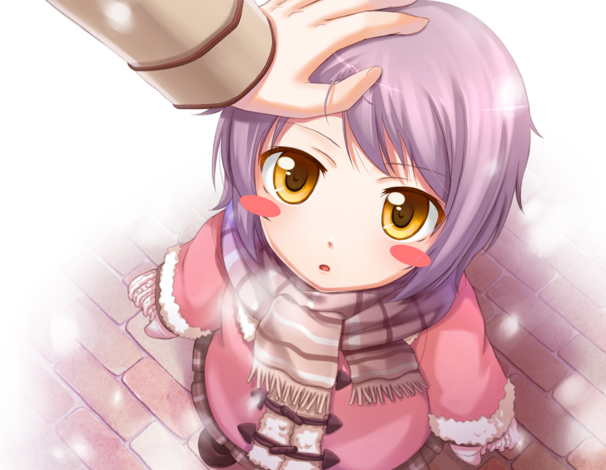 chobipero, nagato yuki, suzumiya haruhi no yuuutsu, light purple hair, 00s, 1girl, aged down, blush stickers, child, coat, duffel coat, from above, hand on another's head, head pat, headpat, looking at viewer, looking up, mittens, scarf, short hair, solo focus, striped clothes, striped scarf, yellow eyes