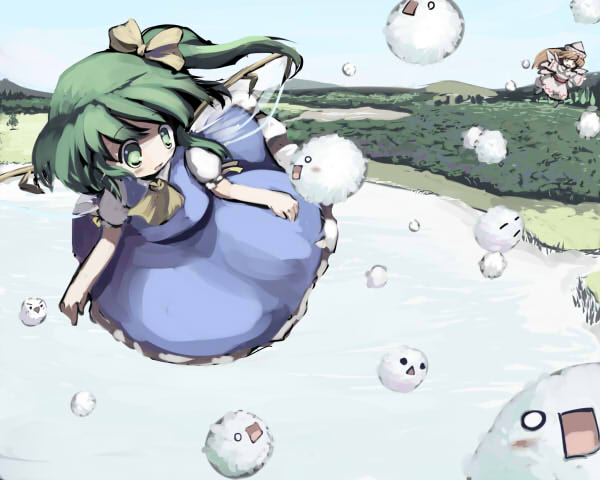 gatau, daiyousei, kedama (touhou), lily white, embodiment of scarlet devil, touhou, 2girls, ascot, blonde hair, blue dress, bow, dress, female focus, flying, green eyes, green hair, hair bow, hat, long hair, multiple girls, side ponytail, wings