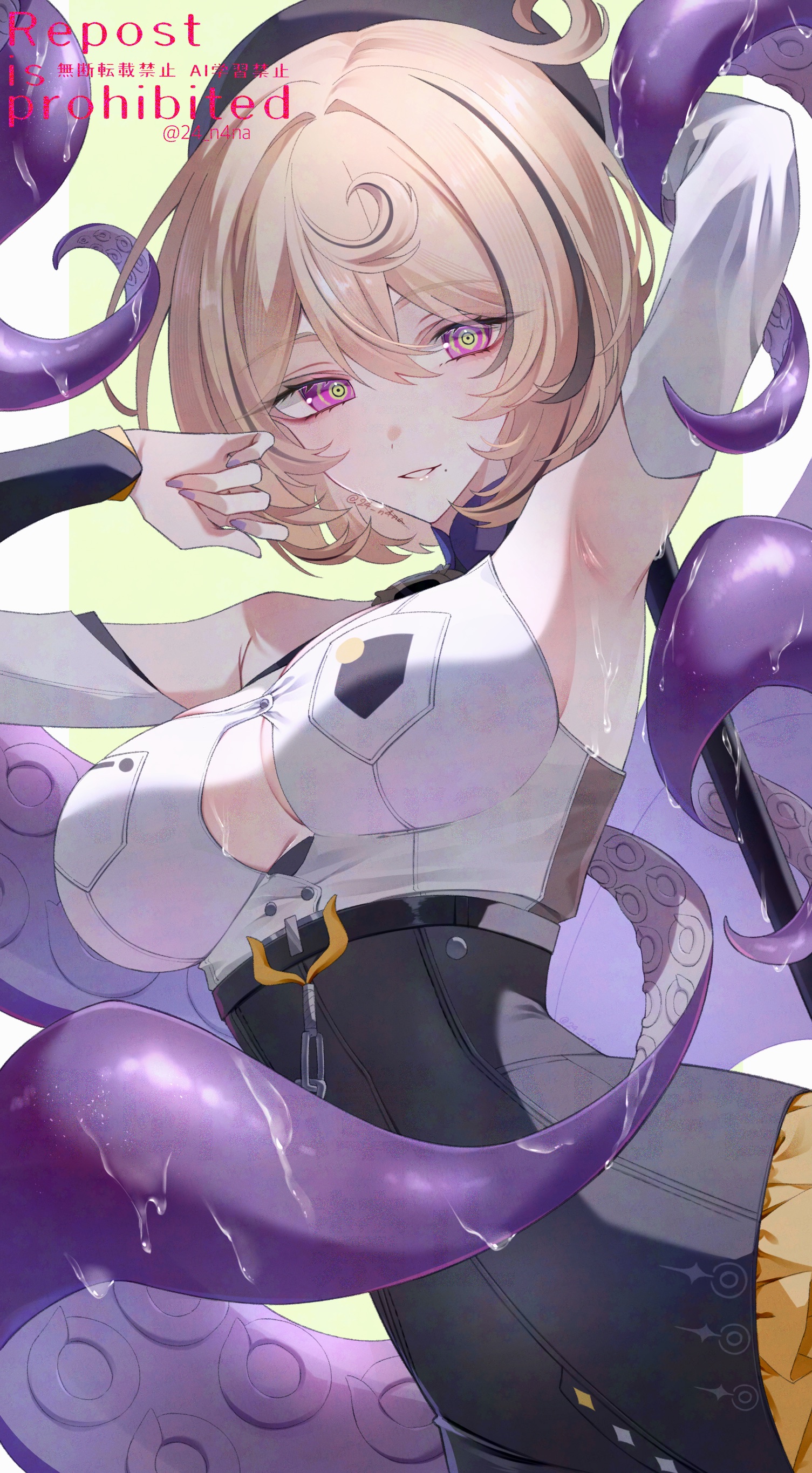 jujube 2513, yidhari murphy, zenless zone zero, absurdres, commentary request, highres, 1girl, armpits, beret, black shorts, blonde hair, breasts, hat, high-waist shorts, large breasts, monster girl, purple eyes, purple nails, shirt, short hair, shorts, simple background, solo, tentacle girl, tentacles, wet, white background, white shirt