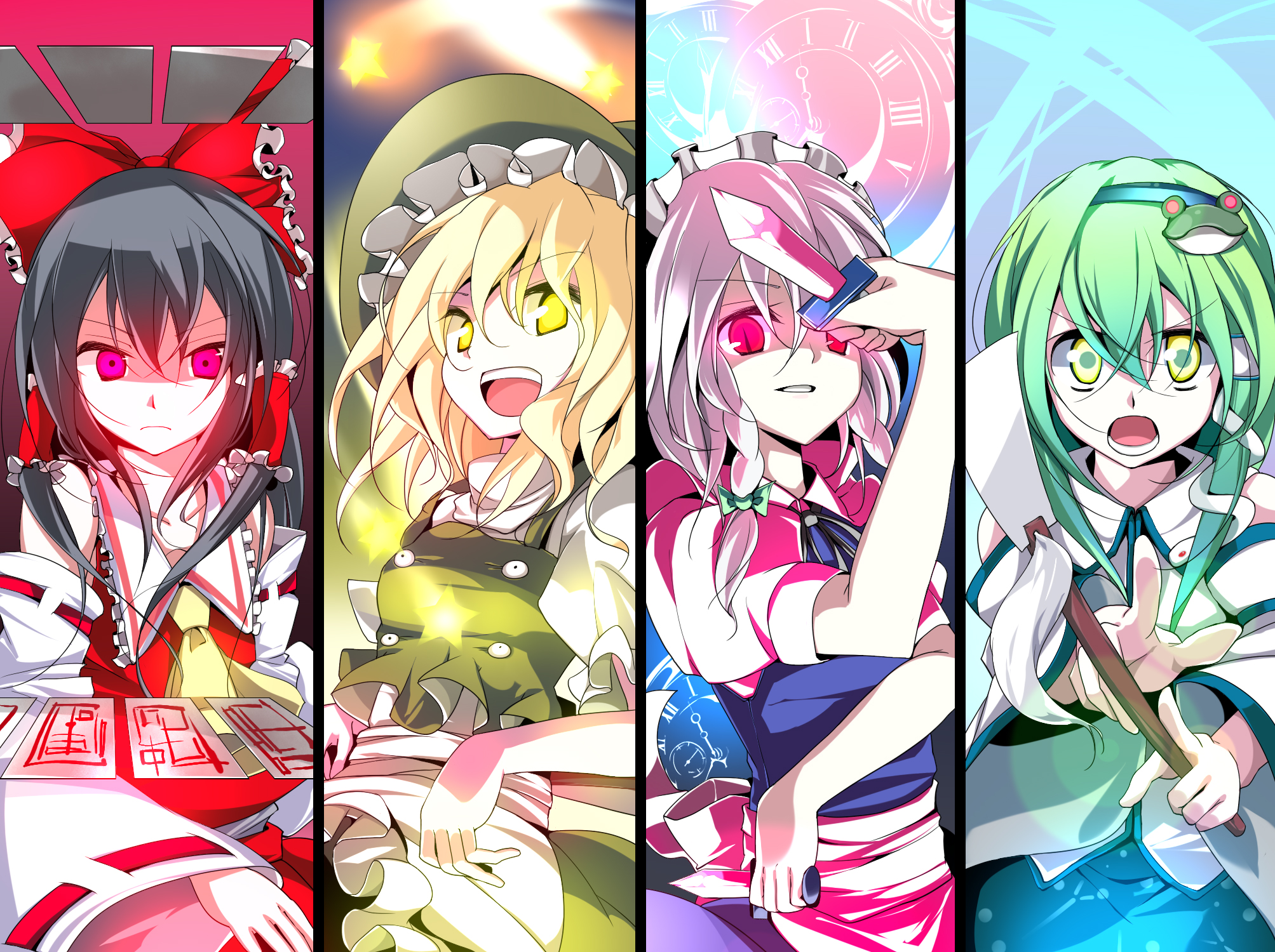 oouso, hakurei reimu, izayoi sakuya, kirisame marisa, kochiya sanae, touhou, bad id, bad pixiv id, highres, 4girls, black hair, blonde hair, bow, braid, column lineup, female focus, fighting stance, frog, glowing, glowing eyes, gradient hair, green eyes, green hair, hair bow, hair ornament, hairclip, knife, multicolored hair, multiple girls, ofuda, red eyes, slit pupils, star (symbol), throwing knife, weapon, white hair, yellow eyes