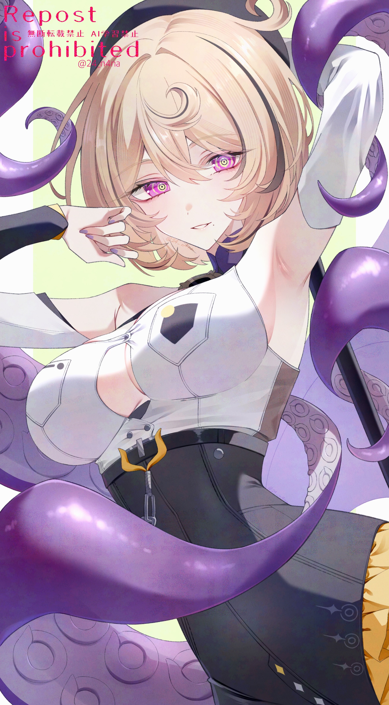 jujube 2513, yidhari murphy, zenless zone zero, absurdres, commentary request, highres, 1girl, armpits, beret, black shorts, blonde hair, breasts, hat, high-waist shorts, large breasts, monster girl, purple eyes, purple nails, shirt, short hair, shorts, simple background, solo, tentacle girl, tentacles, white background, white shirt
