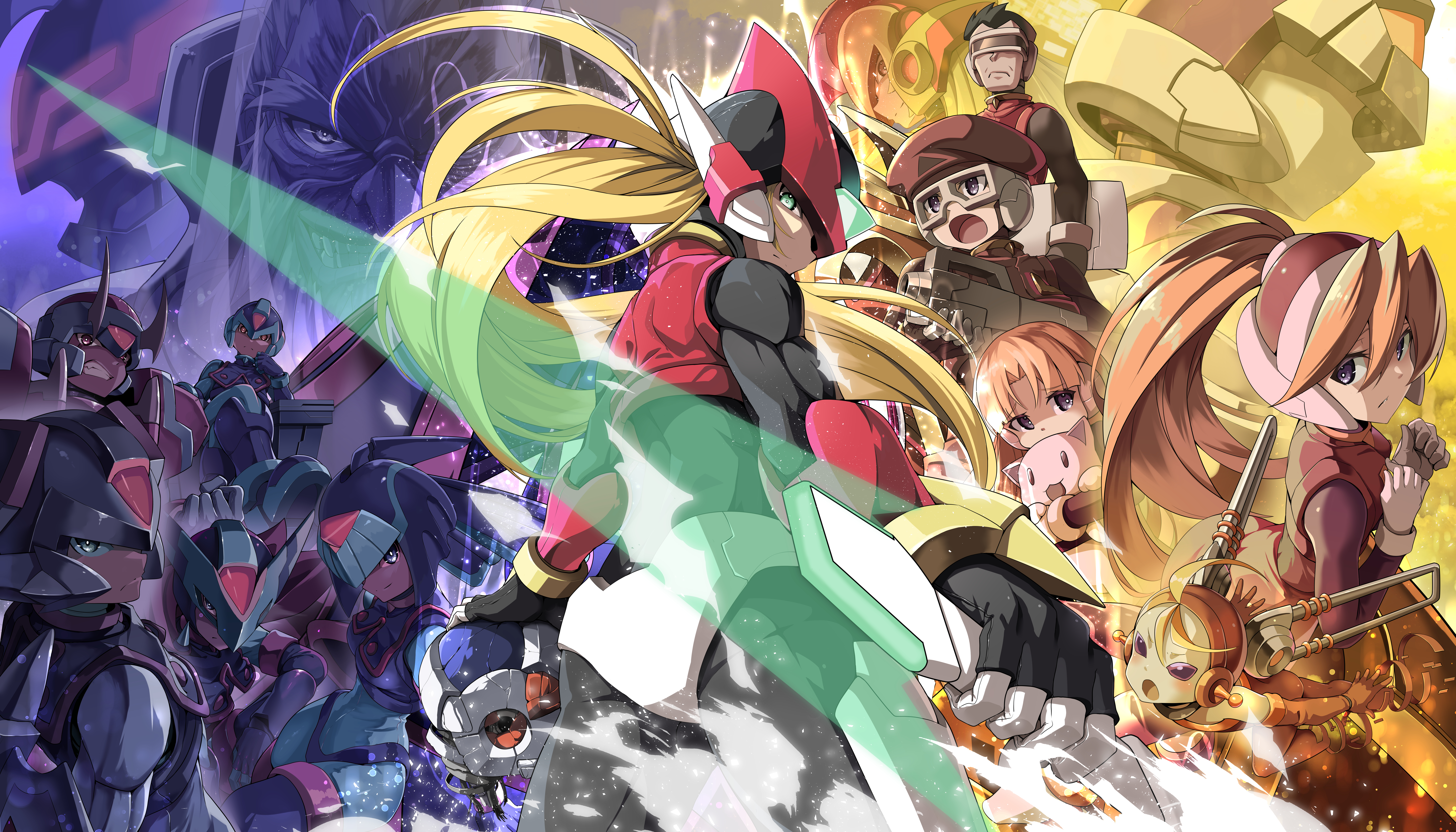zelitto, alouette (mega man), cerveau (mega man), copy x (mega man), cyber elf x (mega man), dark elf (mega man), dr. weil (mega man), elpizo (mega man), fairy leviathan (mega man), fighting fefnir (mega man), omega (mega man), pantheon (mega man), sage harpuia (mega man), x (mega man), zero(z) (mega man), zero (mega man), mega man (series), mega man zero (series), absurdres, highres, 4girls, 6+boys, android, armor, blonde hair, cowboy shot, crossed legs, energy sword, everyone, forehead jewel, from behind, glowing, head-mounted display, helmet, high ponytail, holding, holding stuffed toy, holding sword, holding weapon, long hair, looking at viewer, looking back, multiple boys, multiple girls, pink shirt, ponytail, purple theme, red armor, red helmet, scarf, shirt, sitting, stuffed animal, stuffed cat, stuffed toy, sword, throne, weapon, yellow theme, z saber