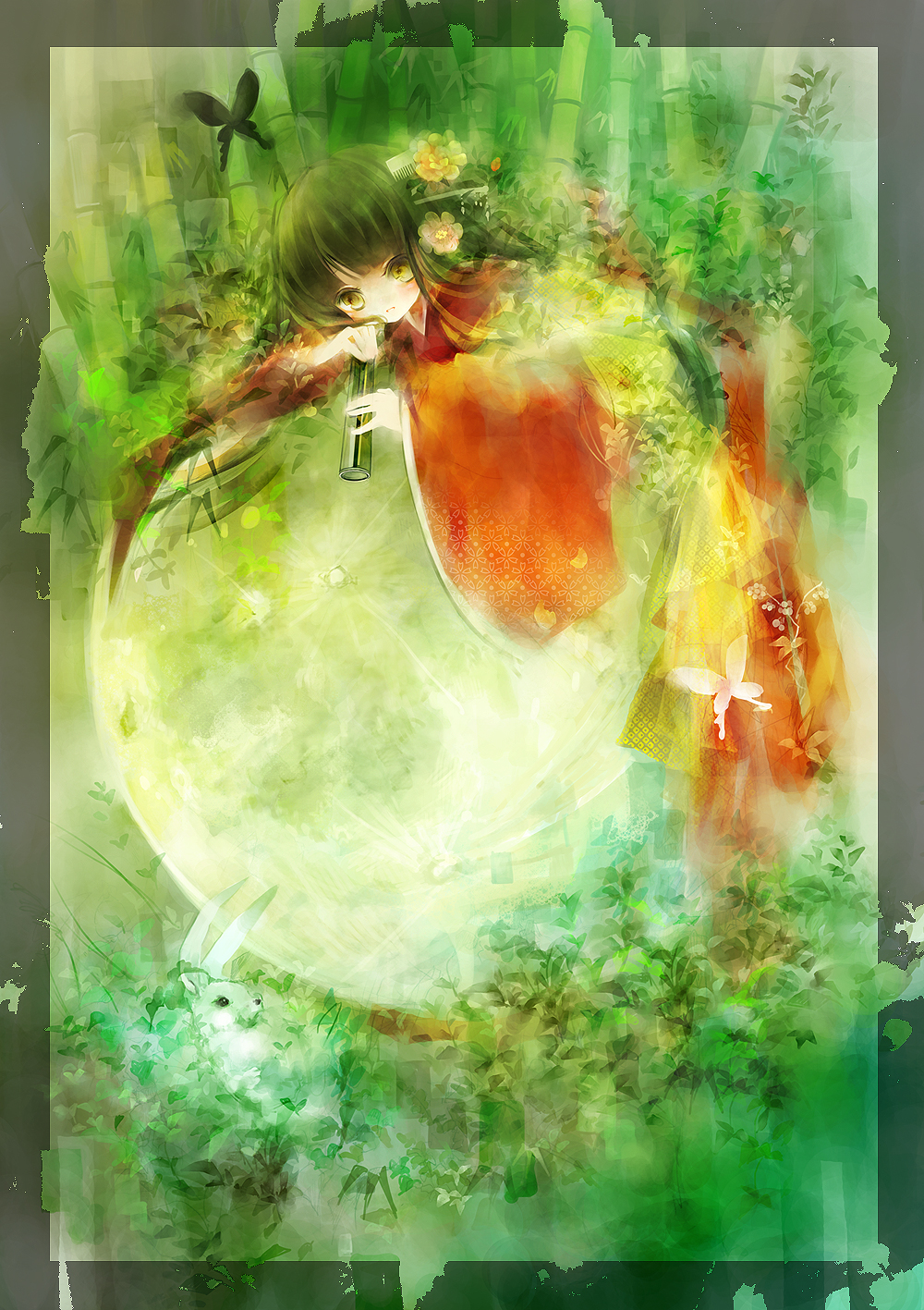 shimeko, kaguya hime, taketori monogatari, framed, bad id, bad pixiv id, highres, 1girl, bamboo, bamboo forest, black hair, bug, butterfly, comb, female focus, flower, forest, full moon, hair flower, hair ornament, insect, japanese clothes, kimono, long hair, moon, nature, rabbit, solo, wide sleeves, yellow eyes