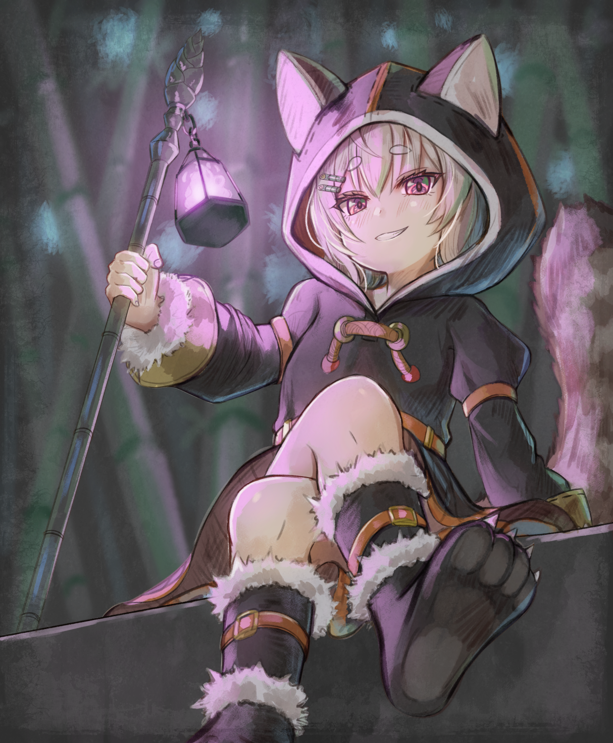 hikari niji, komachi panko, phase connect, highres, 1girl, animal hood, black hoodie, black shoes, crossed legs, grey hair, grin, hair between eyes, hair ornament, hairclip, holding, holding lantern, hood, hoodie, lantern, long sleeves, looking at viewer, purple eyes, shoes, short hair, sitting, smile, solo, virtual youtuber