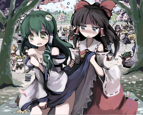 gatau, aki minoriko, aki shizuha, chen, cirno, hakurei reimu, kochiya sanae, luna child, moriya suwako, rumia, star sapphire, sunny milk, wriggle nightbug, yakumo ran, yasaka kanako, touhou, 6+girls, bare shoulders, blonde hair, blush, cherry blossoms, clothes lift, drunk, female focus, hanami, multiple girls, nature, outdoors, plant, red eyes, skirt, skirt lift, sky, undressing, you gonna get raped