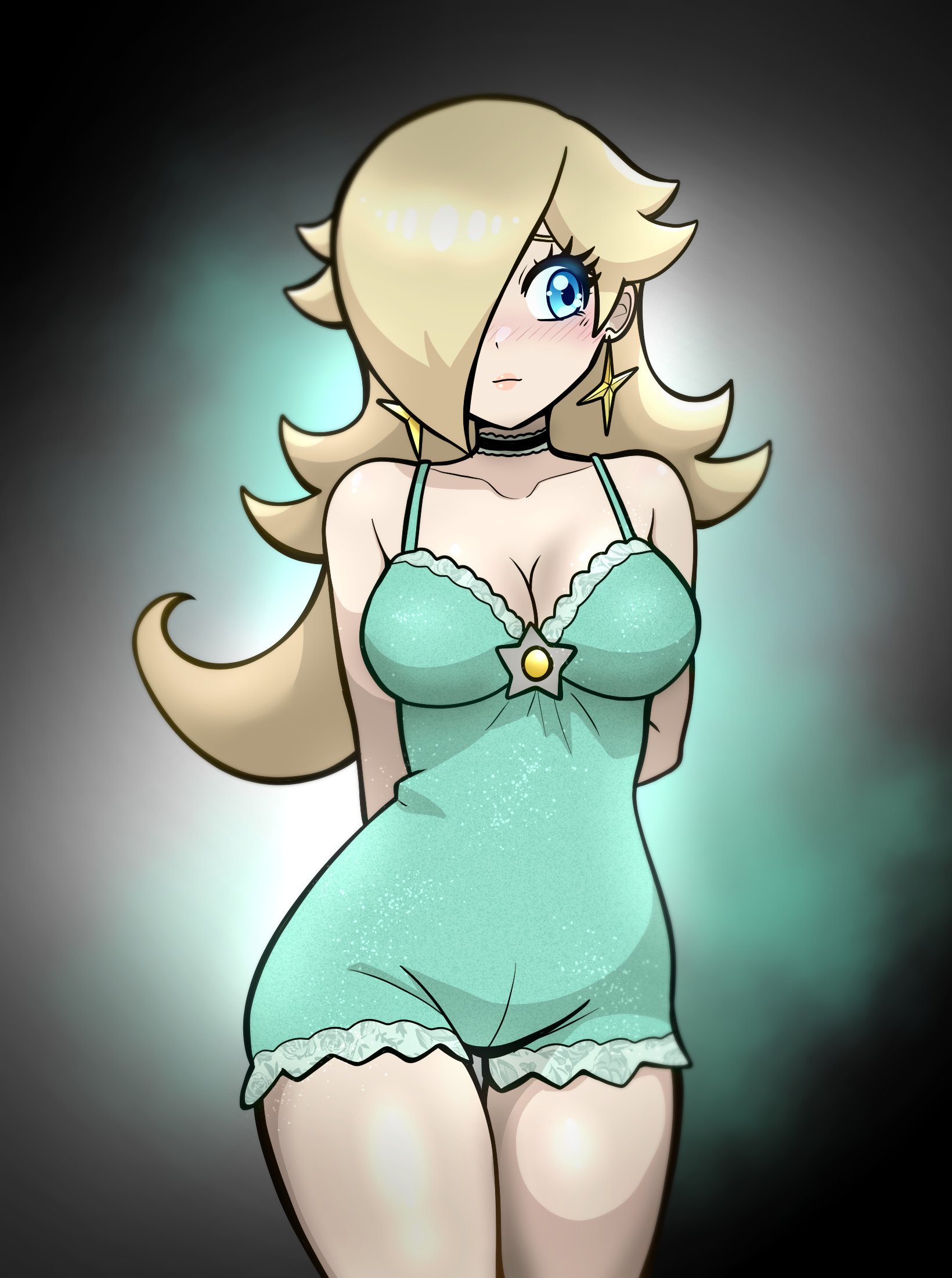 muis0802, rosalina, mario (series), nintendo, commentary, english commentary, highres, 1girl, alternate costume, arms behind back, black choker, blonde hair, blue eyes, blush, breasts, choker, cleavage, cowboy shot, earrings, eyelashes, facing viewer, hair over one eye, jewelry, long hair, looking to the side, nightgown, shy, solo, star (symbol), star earrings