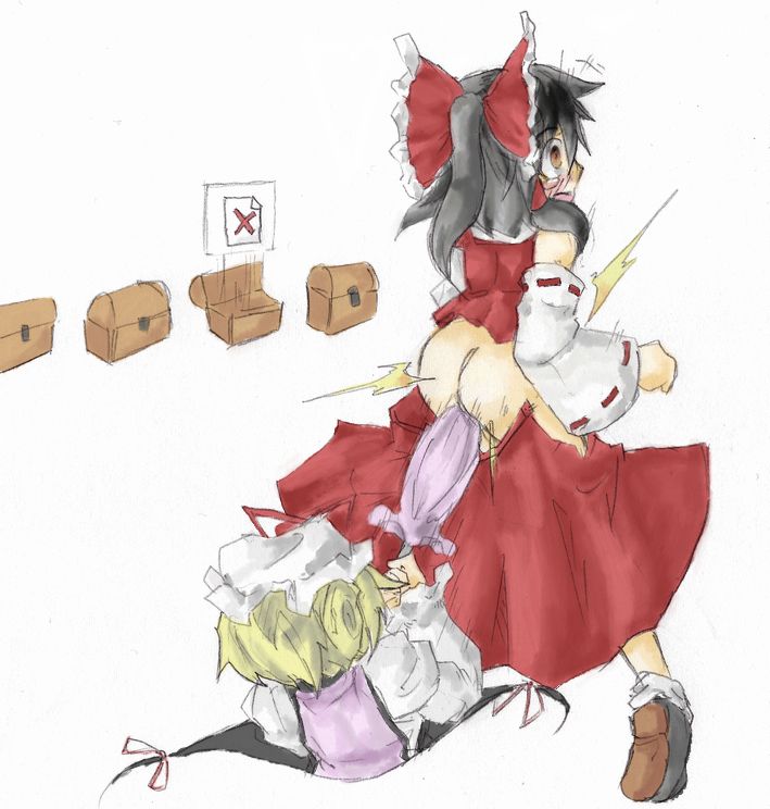 hyton (pixiv68383), faust (guilty gear), hakurei reimu, yakumo yukari, arc system works, guilty gear, touhou, 2girls, anal, ass, bow, box, detached sleeves, female focus, gameplay mechanics, gap (touhou), kanchou, multiple girls, pain, parody, portal (object), sketch, skirt, umbrella