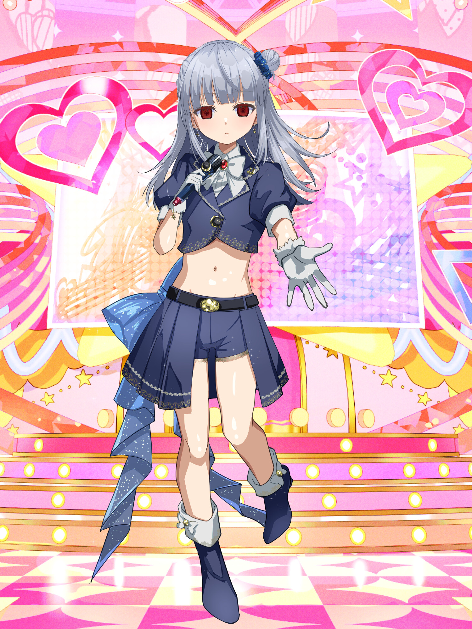 honoka (pandatype), lumerie maleficarum, dairoku ryouhei, highres, 1girl, bow, bowtie, expressionless, gloves, grey hair, hair bun, idol, idol clothes, long hair, looking at viewer, microphone, midriff, navel, open hand, red eyes, shorts, solo, solo focus, stage