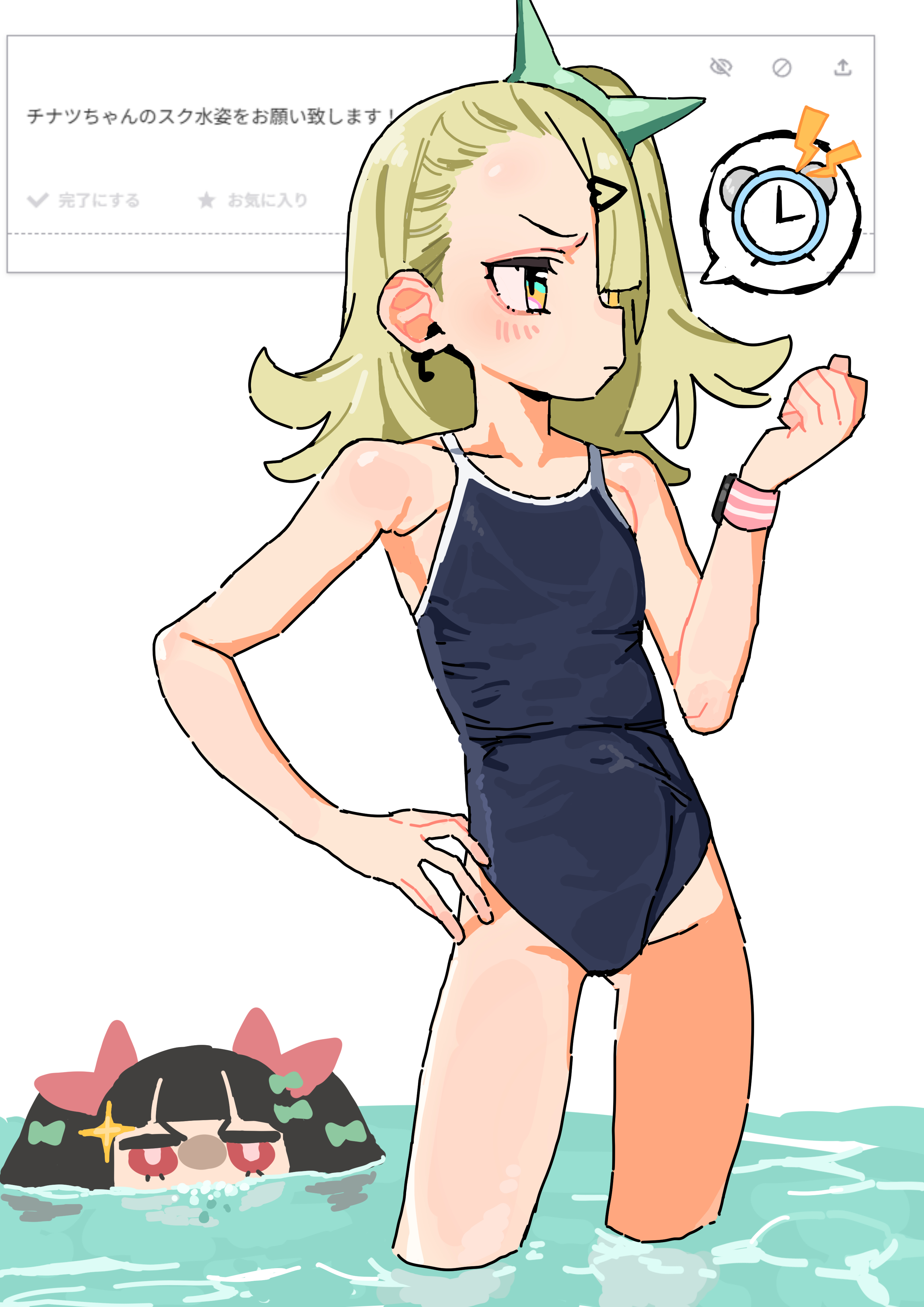 andii (anzai teachco), chinatsu remiel, rokudu sariel, zenless zone zero, absurdres, commentary request, highres, 2girls, bare legs, bare shoulders, black hair, blonde hair, blush, bow, breasts, clock, closed mouth, covered navel, earrings, green bow, hair ornament, hair over one eye, hair ribbon, hairclip, hand on own hip, in water, jewelry, lightning bolt symbol, long hair, looking at another, multicolored eyes, multiple girls, musical note earrings, one-piece swimsuit, pink ribbon, red eyes, ribbon, ring hair ornament, school swimsuit, small breasts, sparkle, swimsuit, watch, water, white background, wristwatch