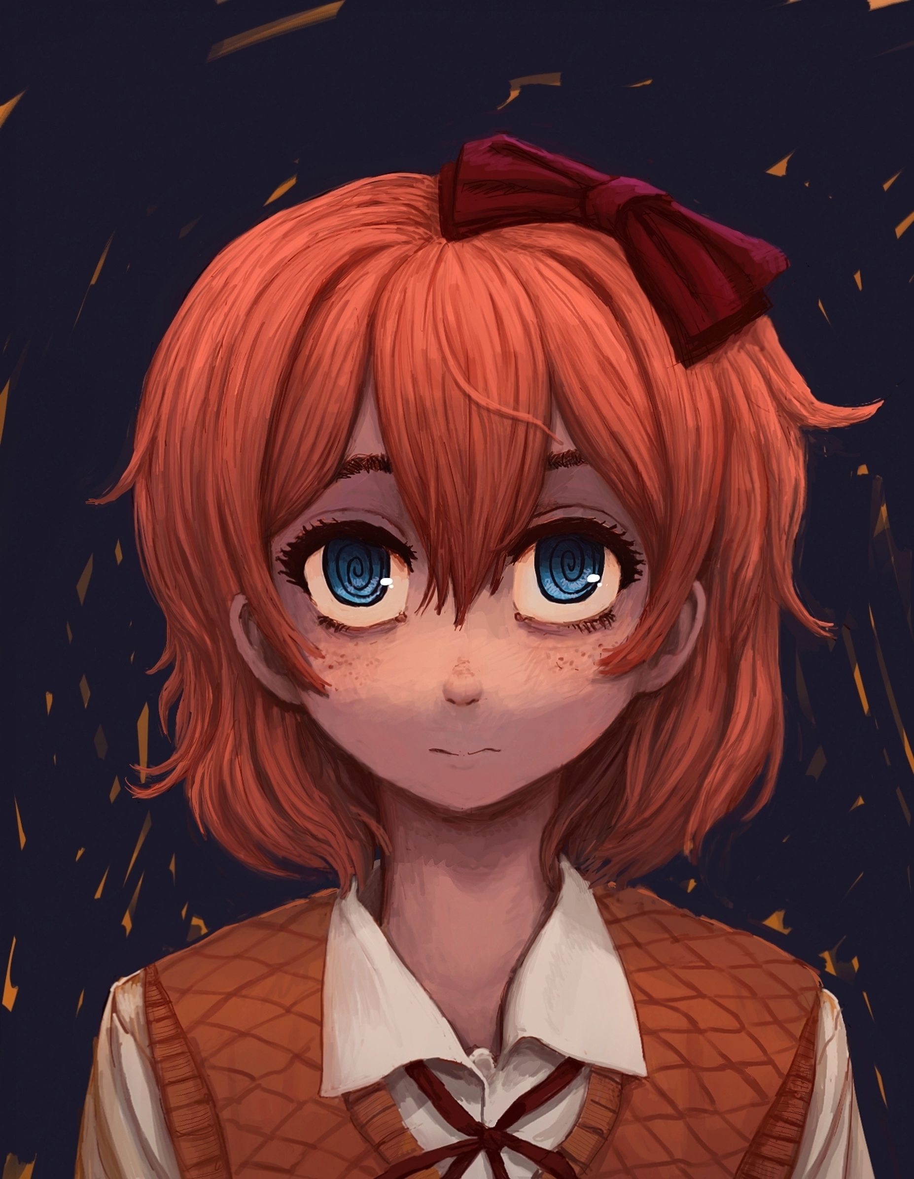 sayori (doki doki literature club), doki doki literature club, highres, 1girl, blue eyes, bow, collar, collared shirt, expressionless, eyebrows hidden by hair, eyelashes, freckles, krattking, looking at viewer, orange hair, ribbon, school uniform, shirt, sweater, two-tone background