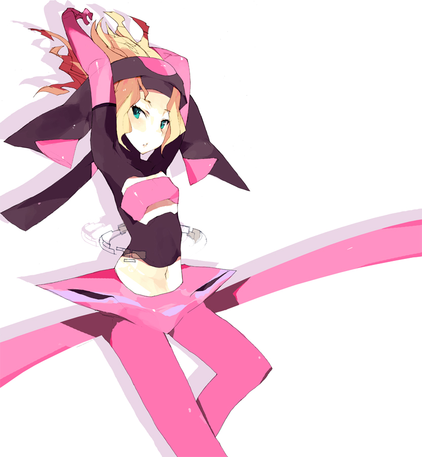 brws, thor code, bad id, bad pixiv id, arms up, blonde hair, flat chest, navel, solo