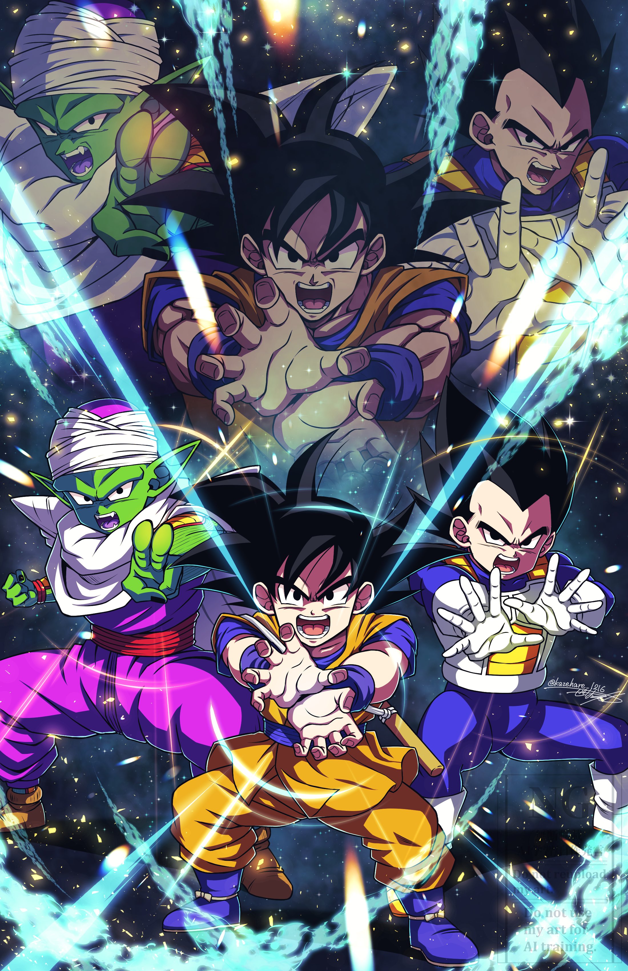 piccolo, son goku, vegeta, dragon ball, dragon ball daima, absurdres, highres, 3boys, armor, black eyes, black hair, blue bodysuit, blue boots, blue shirt, bodysuit, boots, colored skin, dougi, fangs, final flash, full body, gloves, green skin, group picture, kamehameha (dragon ball), kazehare 1216, makankousappou, male focus, medium hair, multiple boys, muscular, muscular male, no eyebrows, open mouth, orange pants, orange tunic, pants, pointy ears, purple pants, purple shirt, ruyi jingu bang, saiyan armor, shirt, spiked hair, tunic, white armor, white boots, white gloves