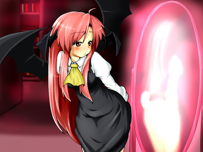 miki purasu, koakuma, embodiment of scarlet devil, touhou, 1girl, :/, ahoge, ascot, bat wings, black dress, blush, book, bookshelf, clothes lift, dress, dress shirt, female focus, glowing, head wings, long hair, mirror, red eyes, red hair, ribbon, shirt, skirt, skirt lift, solo, tears, wings