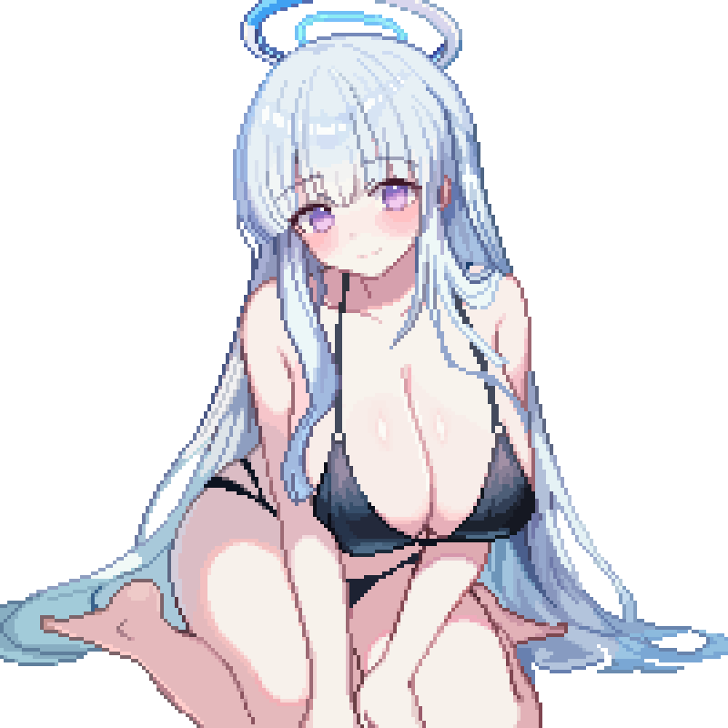 tinia etru, noa (blue archive), blue archive, 1girl, alternate costume, bare shoulders, barefoot, bikini, black bikini, blush, breasts, cleavage, collarbone, grey hair, halo, large breasts, long hair, looking at viewer, mechanical halo, pixel art, purple eyes, simple background, sitting, smile, solo, string bikini, swimsuit, very long hair, white background