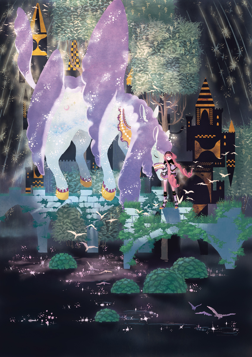 sakamoto himemi, saihate girl, original, bad id, bad pixiv id, highres, bird, castle, pegasus, pink hair