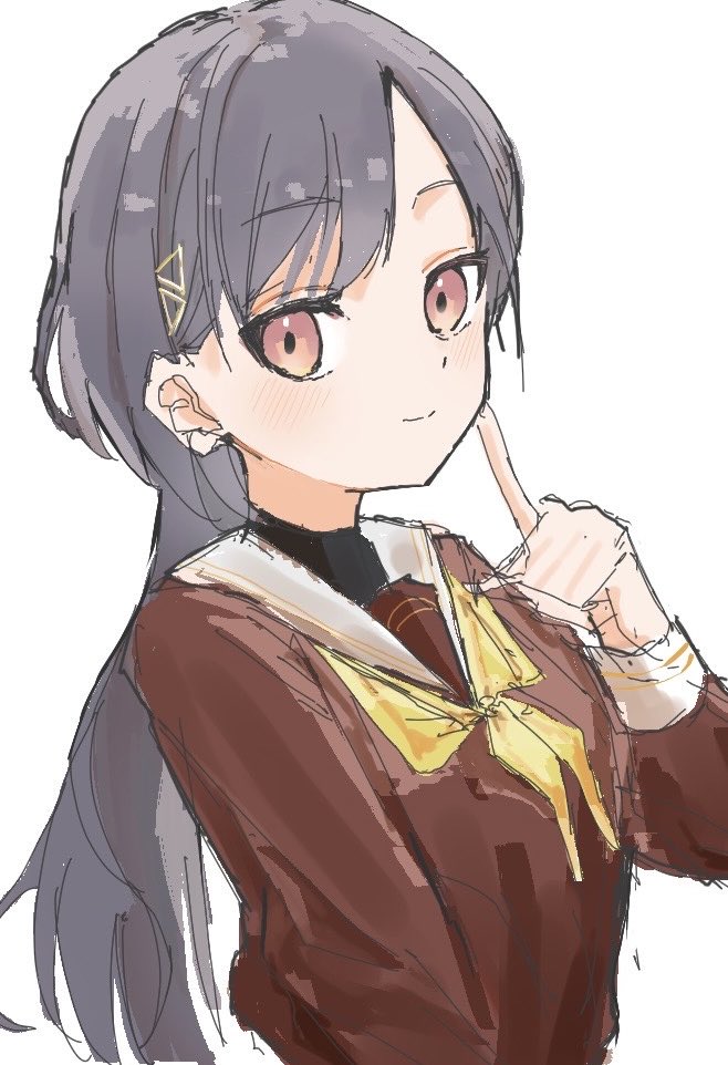 zen66574227, katsuragi izumi, link! like! love live!, love live!, commentary, 1girl, brown dress, closed mouth, dress, finger to cheek, grey hair, hasu no sora school uniform, jellyfish cut, long hair, long sleeves, looking at viewer, neckerchief, orange eyes, sailor collar, sailor dress, school uniform, smile, solo, split mouth, upper body, virtual youtuber, white sailor collar, winter uniform, yellow neckerchief