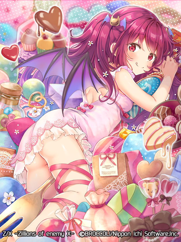 serino itsuki, z/x, official art, 1girl, backless dress, backless outfit, bat hair ornament, bow, candy, chocolate, chocolate heart, closed mouth, copyright notice, dress, dress bow, flower, food, fork, hair flower, hair ornament, heart, heart-shaped food, leg ribbon, looking back, lying, nei (z/x), on stomach, pink dress, red bow, red eyes, red hair, red ribbon, ribbon, solo, tongue, tongue out, twintails, wings
