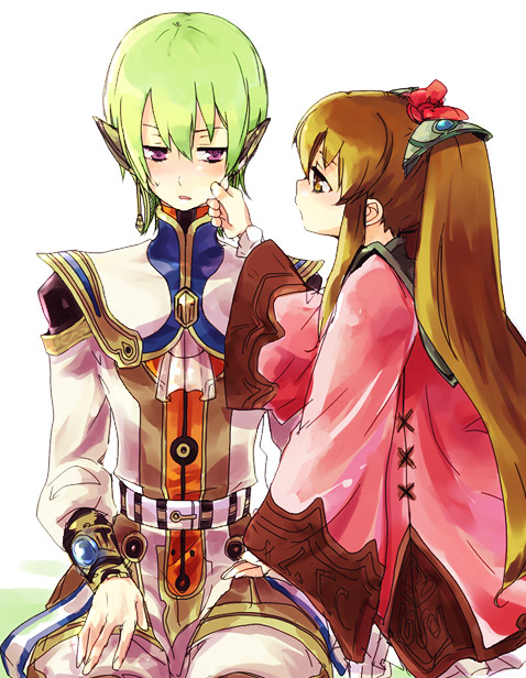 biko, faize scheifa beleth, lymle lemuri phi, star ocean, star ocean: the last hope, uniform, bad id, bad pixiv id, 1boy, 1girl, belt, bishounen, blue eyes, brown hair, dress, ear covers, green hair, long hair, long sleeves, profile, red dress, sad, simple background, sweatdrop, tears, very long hair, white background