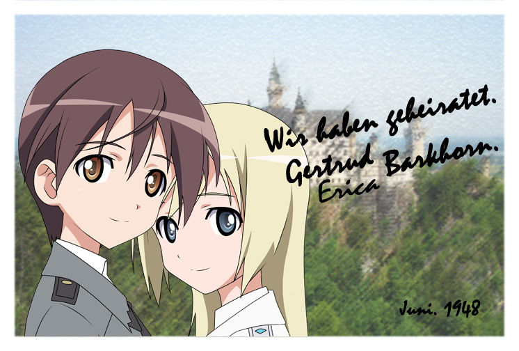 erica hartmann, gertrud barkhorn, strike witches, world witches series, translated, 00s, 2girls, aged up, alternate hairstyle, blonde hair, blue eyes, brown eyes, brown hair, german text, long hair, military, military uniform, multiple girls, neuschwanstein castle, photo (object), short hair, wife and wife, yuri