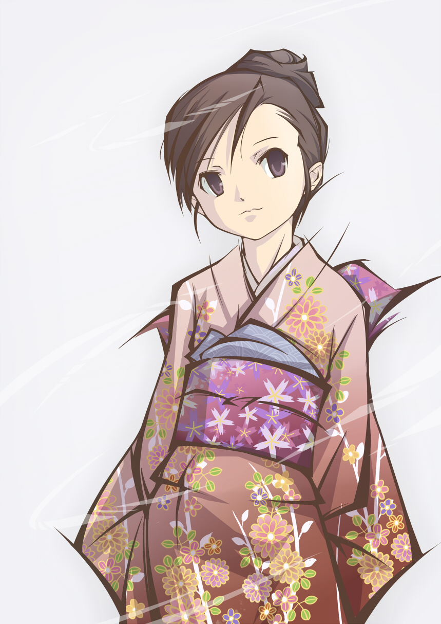 haiiro (hi ghi ro), original, highres, brown eyes, brown hair, hair up, japanese clothes, kimono, solo