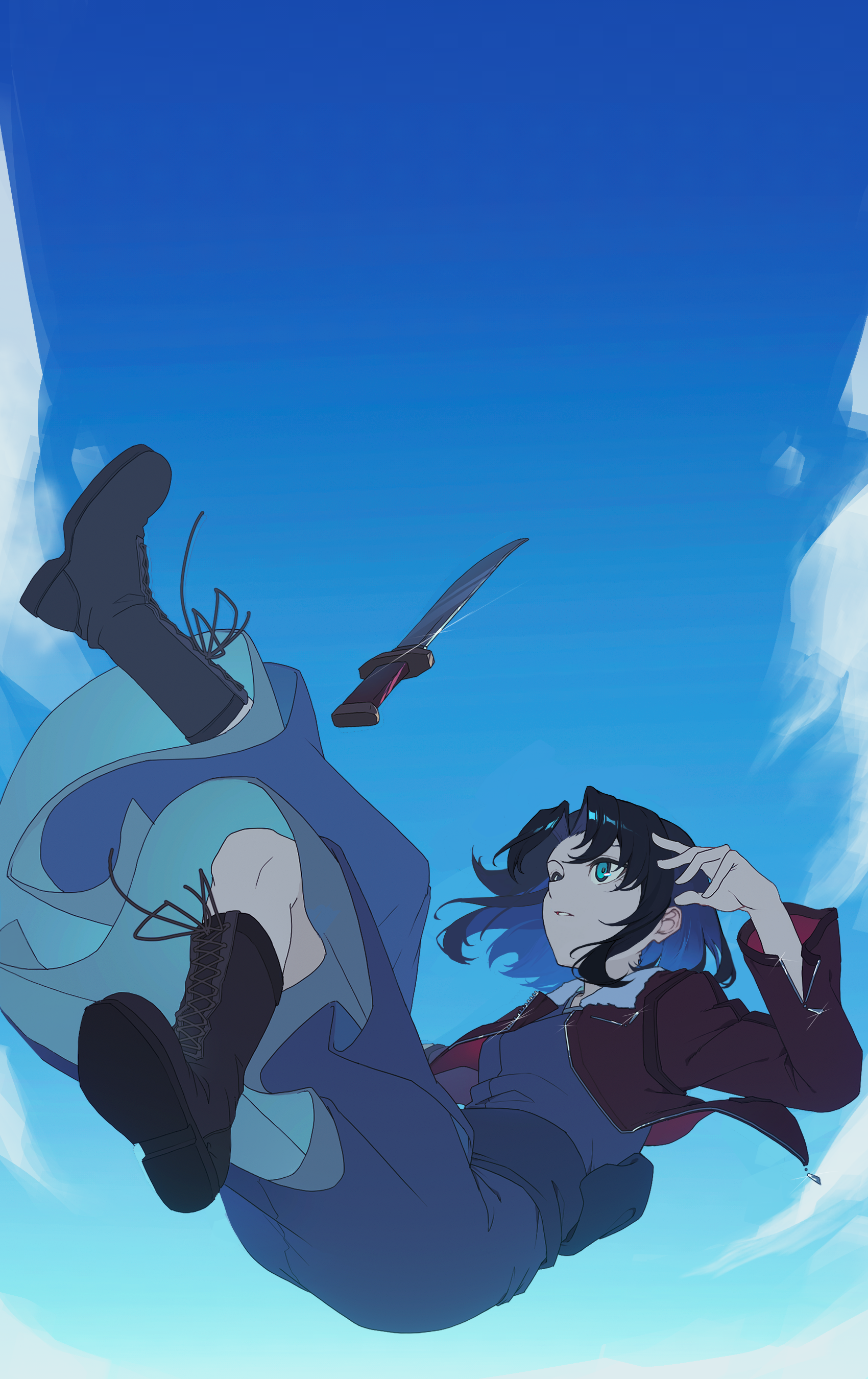 enoharatoki, ryougi shiki, kara no kyoukai, absurdres, highres, 1girl, black boots, black hair, blue eyes, blue kimono, blue sky, boots, breasts, floating hair, full body, jacket, japanese clothes, kimono, long sleeves, medium breasts, midair, open clothes, open jacket, outstretched arms, parted lips, red jacket, sash, short hair, sky, solo, type-moon heroines