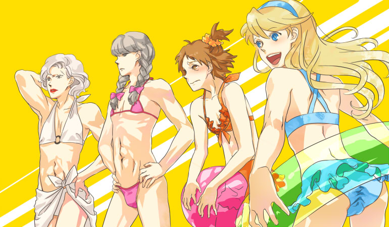 mihara (081mhrs), hanamura yousuke, kuma (persona 4), narukami yu, tatsumi kanji, atlus, persona, persona 4, 4boys, bikini, crossdressing, crossdressing (mtf), innertube, male focus, multiple boys, sarong, swim ring, swimsuit