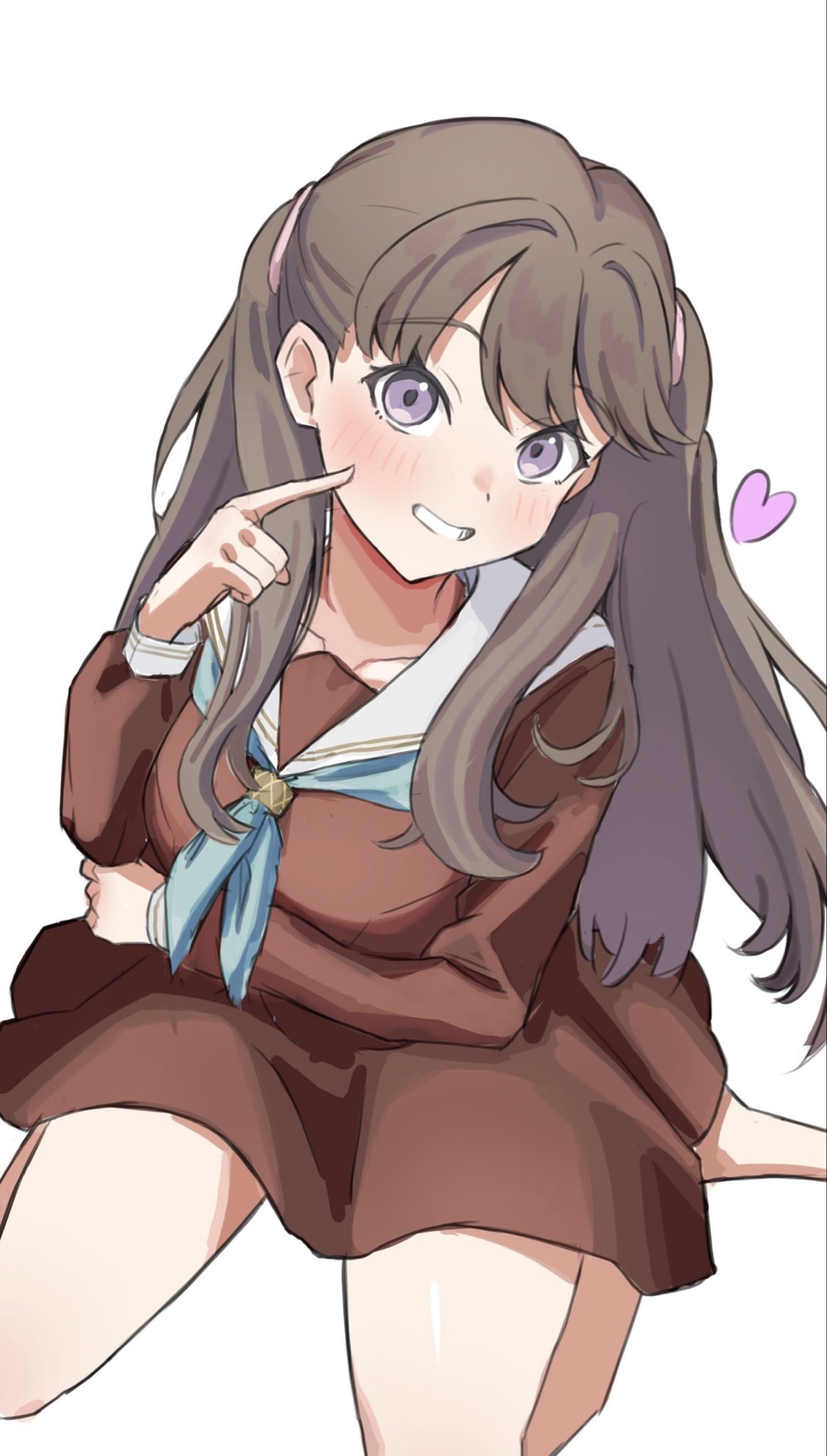 wotan (wotandesu), fujishima megumi, link! like! love live!, love live!, highres, 1girl, aqua neckerchief, barefoot, blush, breasts, brown dress, brown hair, collarbone, dress, grin, hasu no sora school uniform, heart, large breasts, long sleeves, looking at viewer, neckerchief, purple eyes, sailor collar, sailor dress, school uniform, short dress, simple background, smile, solo, two side up, white background, white sailor collar, winter uniform