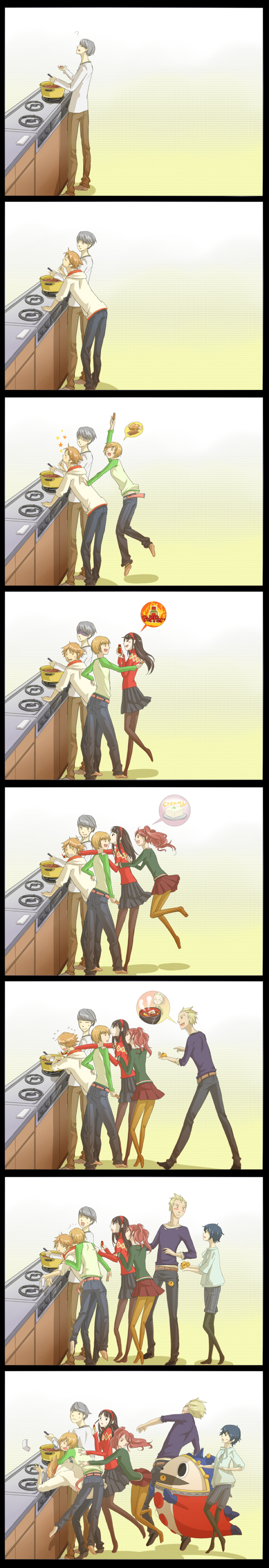eeteru, amagi yukiko, hanamura yousuke, kujikawa rise, kuma (persona 4), narukami yu, satonaka chie, shirogane naoto, tatsumi kanji, atlus, persona, persona 4, absurdres, highres, long image, tall image, 3boys, 4girls, androgynous, comic, cooking, multiple boys, multiple girls, short hair, silent comic, tomboy