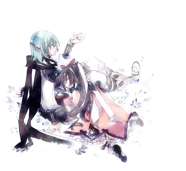 hidu aki, hiduki, hizuki (hidu aki), faize scheifa beleth, lymle lemuri phi, star ocean, star ocean: the last hope, bad id, bad pixiv id, 1boy, 1girl, bishounen, brown hair, couple, ear covers, flower, hetero, long hair, purple eyes, scarf, sleeping, twintails