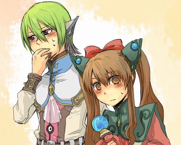 hro, faize scheifa beleth, lymle lemuri phi, star ocean, star ocean: the last hope, bad id, bad pixiv id, 1boy, 1girl, bishounen, brown eyes, brown hair, ear covers, green hair, purple eyes, twintails