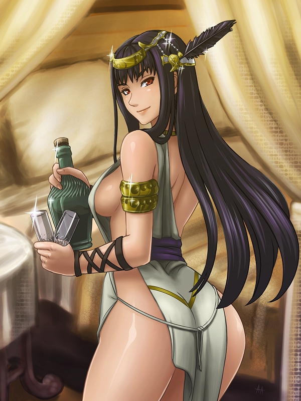 fushisha o, hrist valkyrie, valkyrie profile (series), 1girl, ass, bare shoulders, bed, black hair, bottle, breasts, feathers, female focus, from behind, glass, long hair, looking back, pillow, red eyes, sideboob, smile, solo, standing