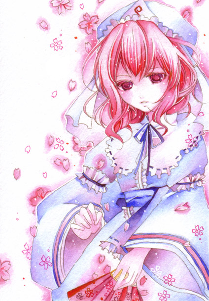 ari (pixiv), arisie, saigyouji yuyuko, touhou, 1girl, cowboy shot, expressionless, female focus, folding fan, hand fan, hat, holding, japanese clothes, kimono, long hair, looking at viewer, mob cap, pink eyes, pink hair, simple background, solo, triangular headpiece, white background