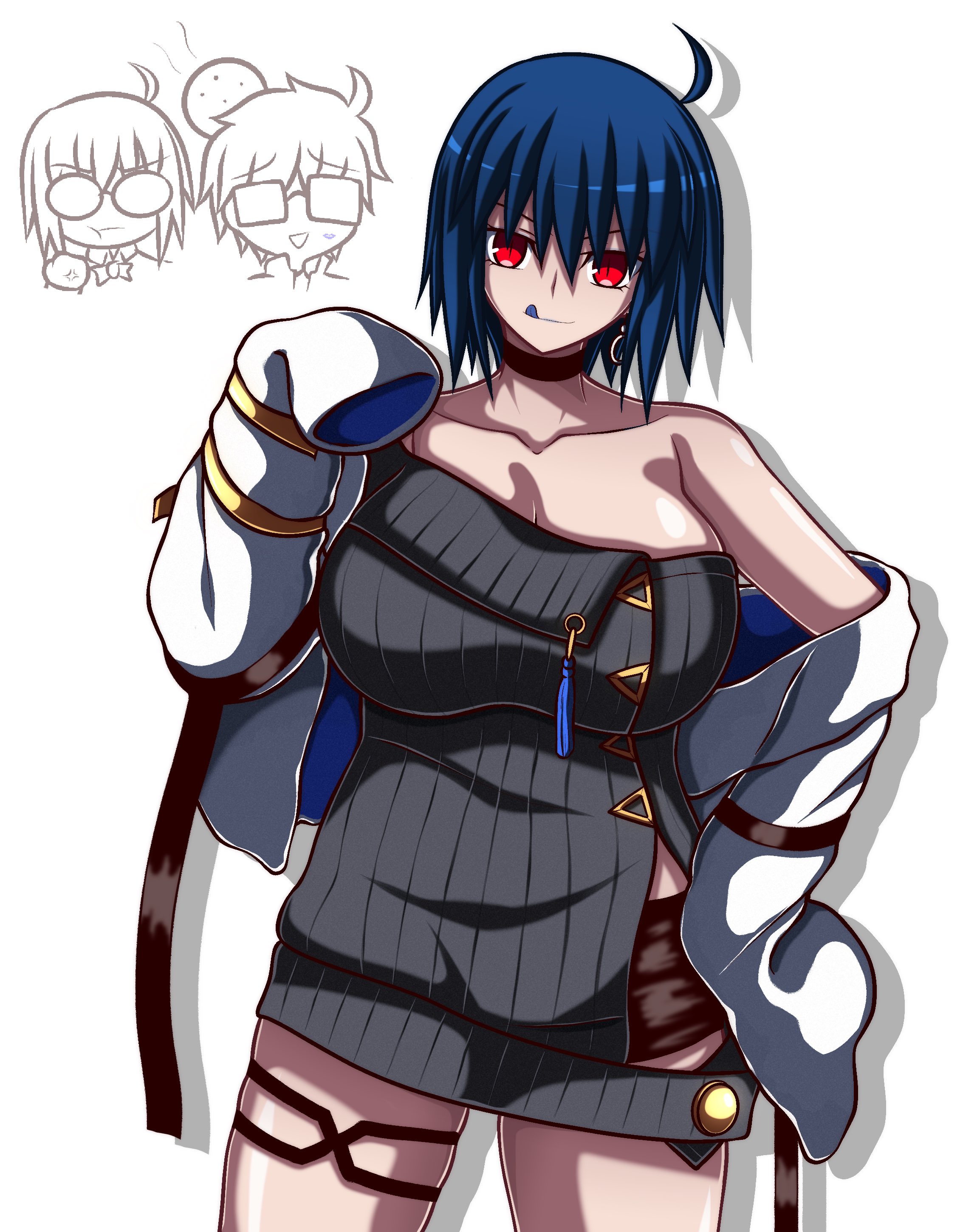 sakurello, ciel (tsukihime), michael roa valdamjong, mrs. snake (fate), roa-ciel, tohno shiki, fate/grand order, fate (series), tsukihime, tsukihime (remake), absurdres, highres, 1boy, 2girls, alternate breast size (larger), angry, bare shoulders, blue hair, blue tongue, blush, breasts, chibi, chibi inset, cleavage, cleavage cutout, clothing cutout, colored tongue, cosplay, dark persona, dress, dual persona, earrings, glasses, grey dress, hair between eyes, hand on own hip, head bump, jacket, jewelry, large breasts, lipstick, makeup, mrs. snake (fate) (cosplay), multiple girls, possessed, red eyes, short hair, shorts under dress, sleeves past fingers, sleeves past wrists, smile, thighs, trait connection, vampire, white jacket