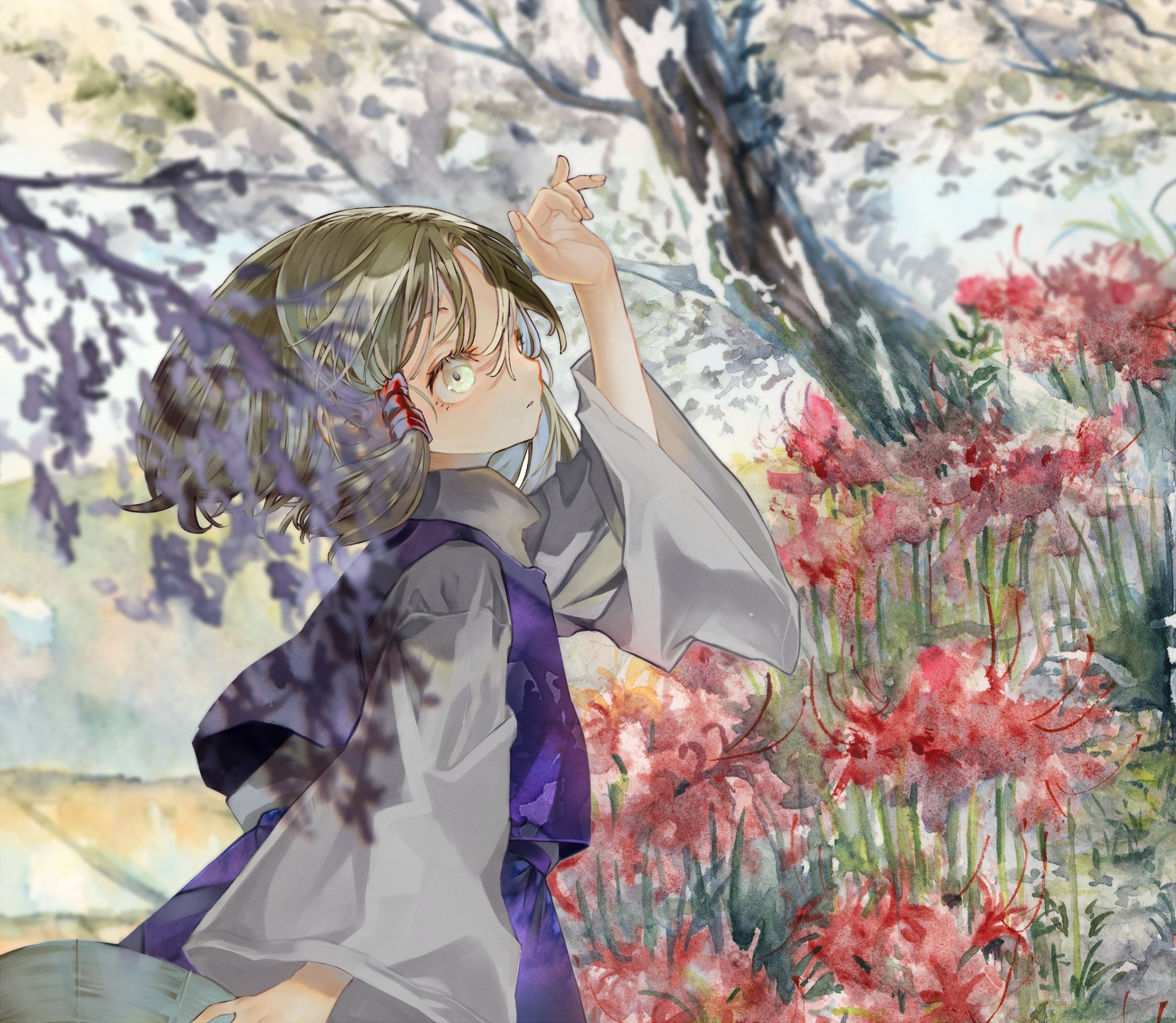 syukou, moriya suwako, touhou, highres, 1girl, blonde hair, blue eyes, blush, cover, cover page, detached sleeves, flower, green hair, hair ornament, hair ribbon, long hair, long sleeves, red flower, ribbon, shirt, short hair, skirt, smile, solo, spider lily, thighhighs, vest, white thighhighs, wide sleeves, yellow eyes