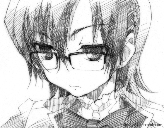 gofu, kiri nanami, maria holic, traditional media, 00s, glasses, greyscale, monochrome, school uniform, short hair, sketch, solo
