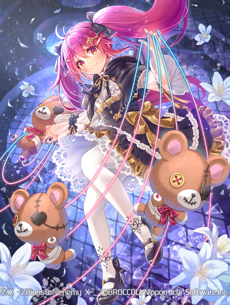 serino itsuki, z/x, official art, 1girl, antenna hair, black bow, black capelet, black shoes, black skirt, bow, bow skirt, capelet, center frills, closed mouth, copyright notice, flower, frills, from below, gold bow, hair between eyes, hair bow, hair ornament, hairpin, long hair, looking at viewer, nei (z/x), pantyhose, puppet strings, red eyes, red hair, shirt, shoes, skirt, solo, stuffed animal, stuffed toy, teddy bear, twintails, white flower, white pantyhose, white petals, white shirt